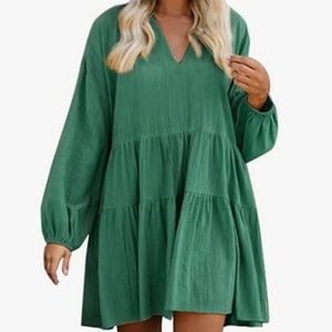 FANCYINN Dress, V-Neck w/ Pockets, Bell Sleeve, Ruffle Hem